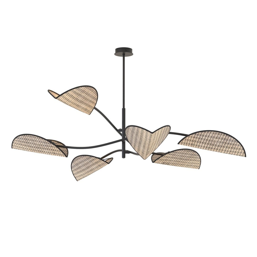 Czarna lampa sufitowa Lotus z sześcioma kloszami w kształcie liści, wykonana z materiału o naturalnej teksturze. Produkt zawieszony na cienkim, czarnym stelażu, w stylu nowoczesnym. Wymiary i szczegóły montażowe nie są widoczne.