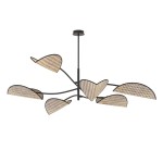 Czarna lampa sufitowa Lotus z sześcioma kloszami w kształcie liści, wykonana z materiału o naturalnej teksturze. Produkt zawieszony na cienkim, czarnym stelażu, w stylu nowoczesnym. Wymiary i szczegóły montażowe nie są widoczne.
