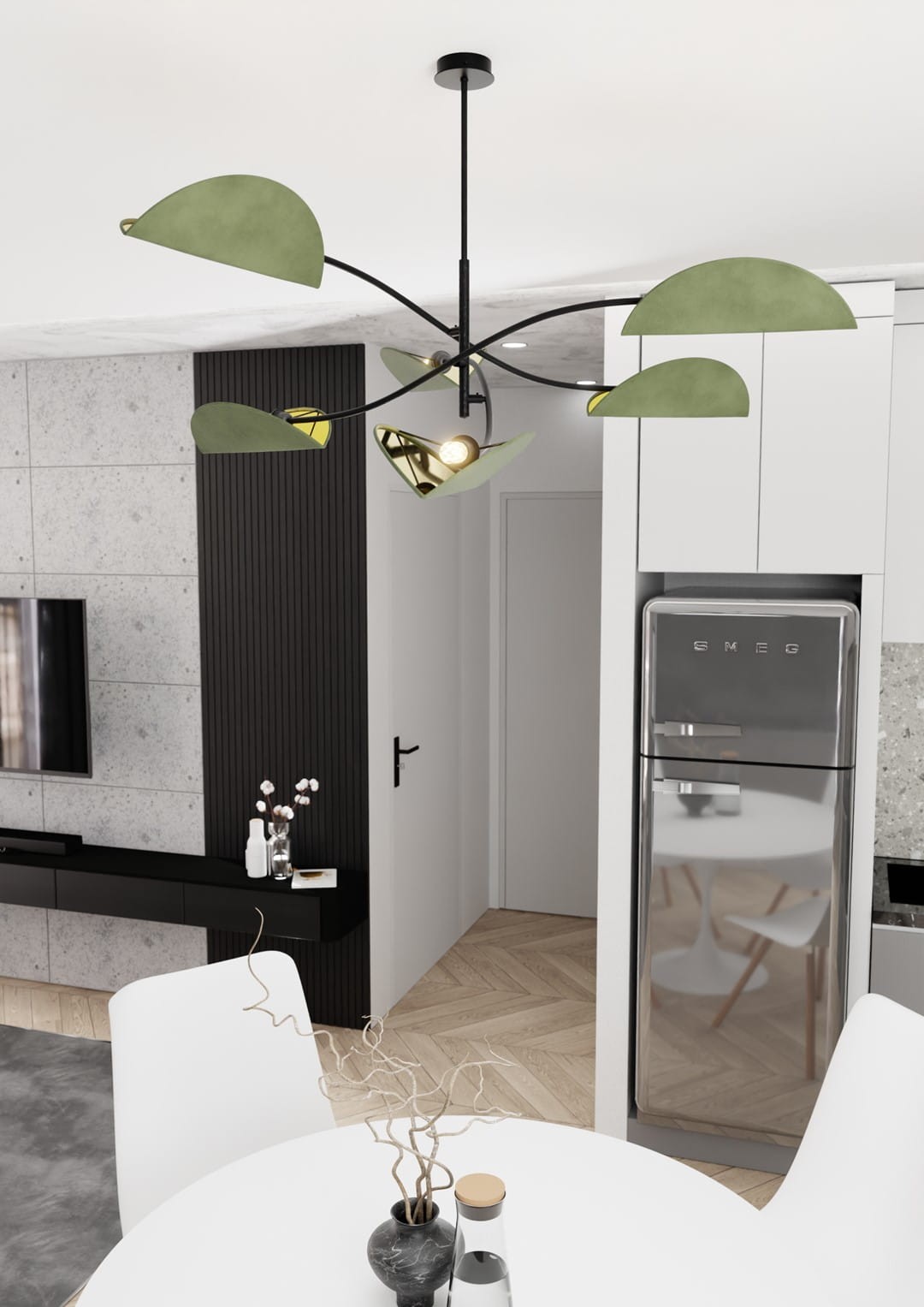 Lampa sufitowa Lotus 6xE14 w kolorze czarnym i zielonym, z sześcioma asymetrycznymi kloszami w kształcie półksiężyców. Zawieszona na czarnym stelażu, w aranżacji nowoczesnej kuchni z białymi meblami i drewnianą podłogą.