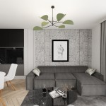 Lampa sufitowa Lotus z sześcioma gniazdami E14, w kolorze czarnym z zielonymi akcentami. Ujęcie frontalne, wisząca nad szarym sofą w nowoczesnym wnętrzu, z betonową ścianą w tle. Widać także okrągły czarny stół i białe krzesła.