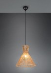 Lampa wisząca Rosalie z czarnym przewodem, z brązowym kloszem w kształcie stożka, wykonanym z cienkich szczebli, odsłaniającym źródło światła. Umieszczona na jednolitym tle, w zwisie, z minimalistycznym designem.