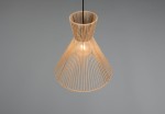 Lampa wisząca Rosalie z jedną oprawą E27, w kolorze czarnym i brązowym, z kloszem o kształcie stożka, wykonanym z cienkich, brązowych linek. Ujęcie z góry, pokazujące szczegóły konstrukcji i źródło światła wewnątrz. Tło w odcieniach szarości.
