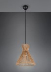 Lampa wisząca Rosalie z czarnym stelażem i brązowym kloszem w kształcie stożka, wykonana z materiału tekstylnego. Montaż sufitowy, wisi na cienkim, czarnym przewodzie. Tło w odcieniach szarości, podkreślające elegancki design lampy.