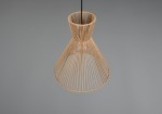 Lampa wisząca Rosalie w kolorze czarnym i brązowym, z kloszem w formie stożka, wykonana z cienkich, plecionych włókien. Ujęcie z góry, pokazujące unikalny kształt i strukturę. Tło jednolite, szare.