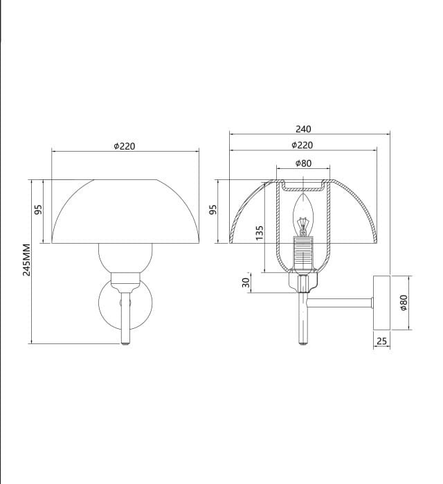 Kinkiet Memory 1xE14 w kolorze czarnym. Okrągła podstawa z kulą, klosz w kształcie półkuli o średnicy 220 mm. Wysokość całkowita 245 mm, głębokość 80 mm. W zestawie miejsce na żarówkę E14, widoczny detal mocowania.