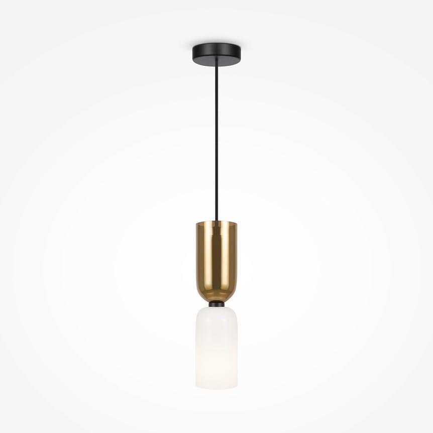 Lampa wisząca Memory 1xE14 w kolorze złotym, z metalowym cylindrem u góry i matowym, szklanym kloszem u dołu. Zawieszona na cienkim, czarnym przewodzie. Prosta forma, idealna do nowoczesnych wnętrz.