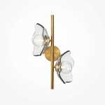 Kinkiet Miracle w kolorze mosiądzu z dwoma szklanymi kloszami w kształcie kwiatów. Ułożony pionowo na białym tle, z centralnym mocowaniem. Klosze mają przezroczyste brzegi i wyraźnie widoczne żarówki G9 wewnątrz.