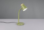 Zielona lampa biurkowa Pongo z kloszem w kształcie stożka i drewnianym detalem u góry. Stojąca na okrągłej podstawie, z elastycznym ramieniem, z widocznym przewodem. Idealna do biura lub studenckiego miejsca pracy.