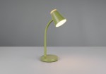 Zielona lampa biurkowa Pongo z kloszem w kształcie stożka, zamontowana na giętkim ramieniu. Posiada okrągłą podstawę i drewniany element na górze klosza. Oświetlenie LED o mocy 4,5W, w pozycji stojącej na jasnym tle.