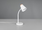 Lampa biurkowa Pongo w kolorze białym z kloszem w kształcie stożka i drewnianym wykończeniem u góry. Ustawiona na okrągłej podstawie, zgięta nóżka zapewnia regulację kierunku światła. Kabel zasilający widoczny z boku.