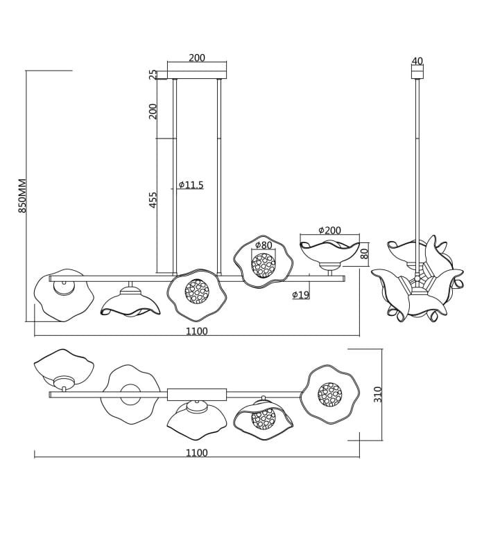 Lampa wisząca Miracle z mosiądzu, 5xG9, o wymiarach 1100 mm szerokości i 850 mm wysokości. Posiada pięć kloszy w kształcie kwiatów z dekoracyjnymi detalami. Zawieszona na prostokątnej ramie z regulowanym mocowaniem.