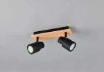 Lampa sufitowa Pierre z dwoma reflektorami GU10 w kolorze czarnym, zamontowana na drewnianej podstawie. Reflektory mają okrągły kształt, a ich klosze są skierowane w dół. Całość na prostym, szarym tle.