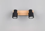 Lampa sufitowa Pierre z dwoma spotami, czarna obudowa z metalowym wykończeniem, montowana na jasnym drewnianym panelu. Ujęcie frontalne pokazuje obie lampy, które mają okrągłe klosze z otworami dla lepszego rozproszenia światła.