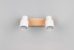 Lampa sufitowa Pierre z dwoma punktami świetlnymi, biała z jasnego drewna. Ujęcie frontalne, zamontowana na prostokątnej podstawie. Lampy mają okrągłe klosze z metalowymi wykończeniami, widoczne żarówki GU10. Tło szare.