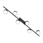 Czarna lampa sufitowa Bet z sześcioma oprawami GX53, umieszczona na długim, prostokątnym uchwycie. Kąt ujęcia z góry, ukazujący równomierne rozmieszczenie opraw. Metalowa konstrukcja o matowym wykończeniu, z otwartymi kloszami.