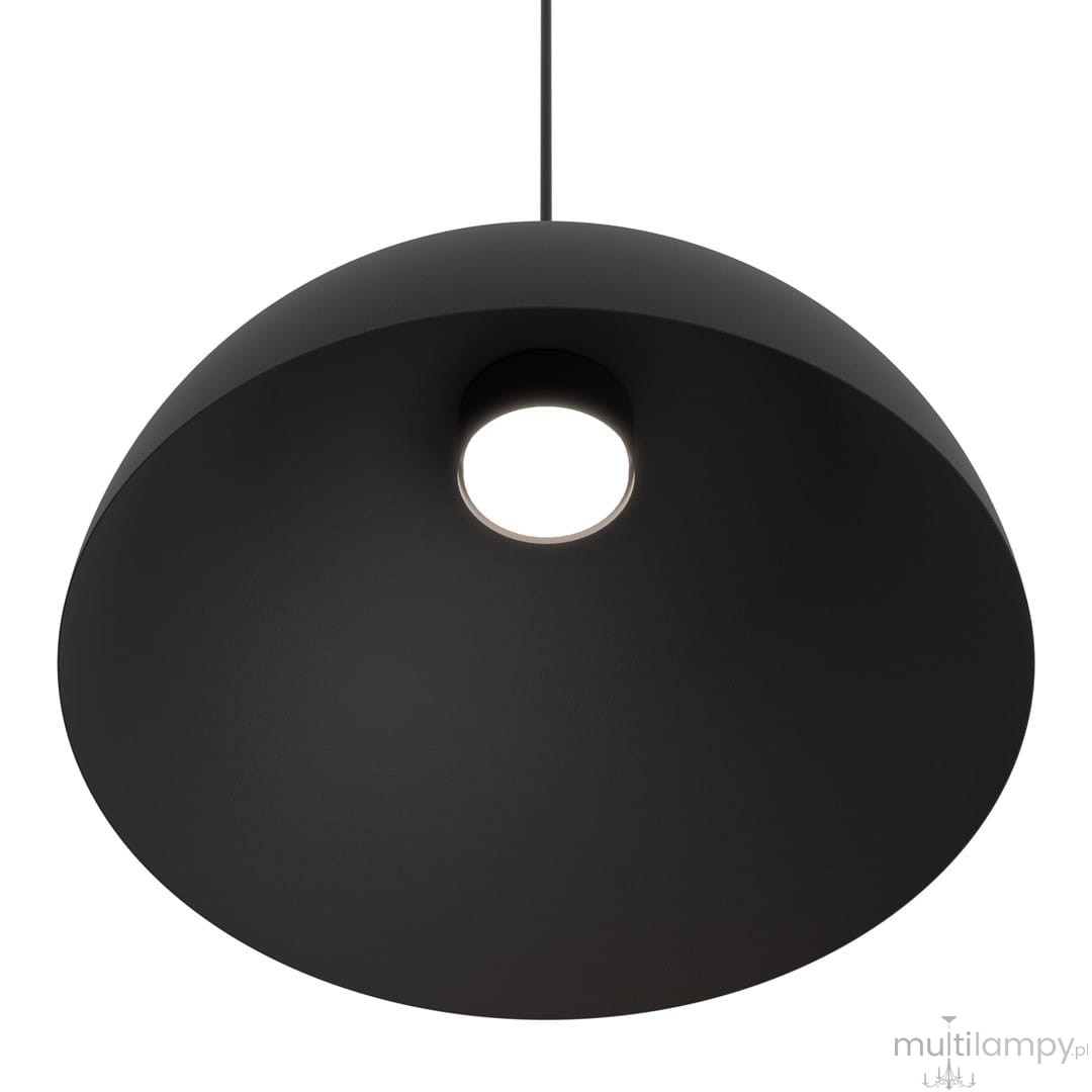 Lampa wisząca Lunaro L w kolorze czarnym, o okrągłym kształcie z wycięciem na żarówkę GX53. Ujęcie z góry, zawieszona na cienkim przewodzie, matowa powierzchnia. Idealna do nowoczesnych wnętrz.