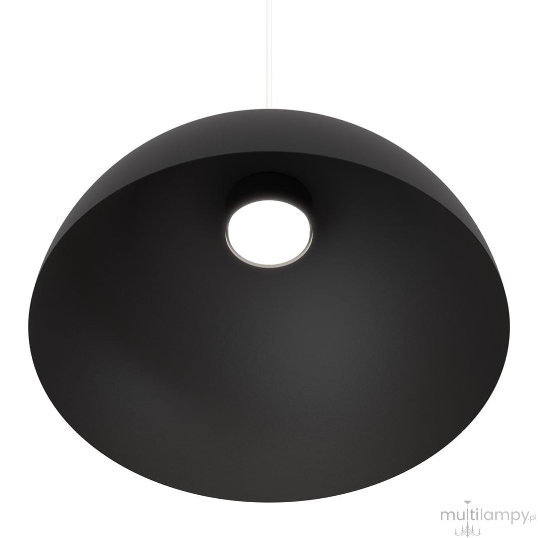 Lampa wisząca Lunaro L w kolorze czarnym z białym wnętrzem, o kształcie stożka z otworem na żarówkę GX53. Ujęcie z dołu, ukazujące gładką teksturę oraz minimalistyczny design. Idealna do nowoczesnych wnętrz.