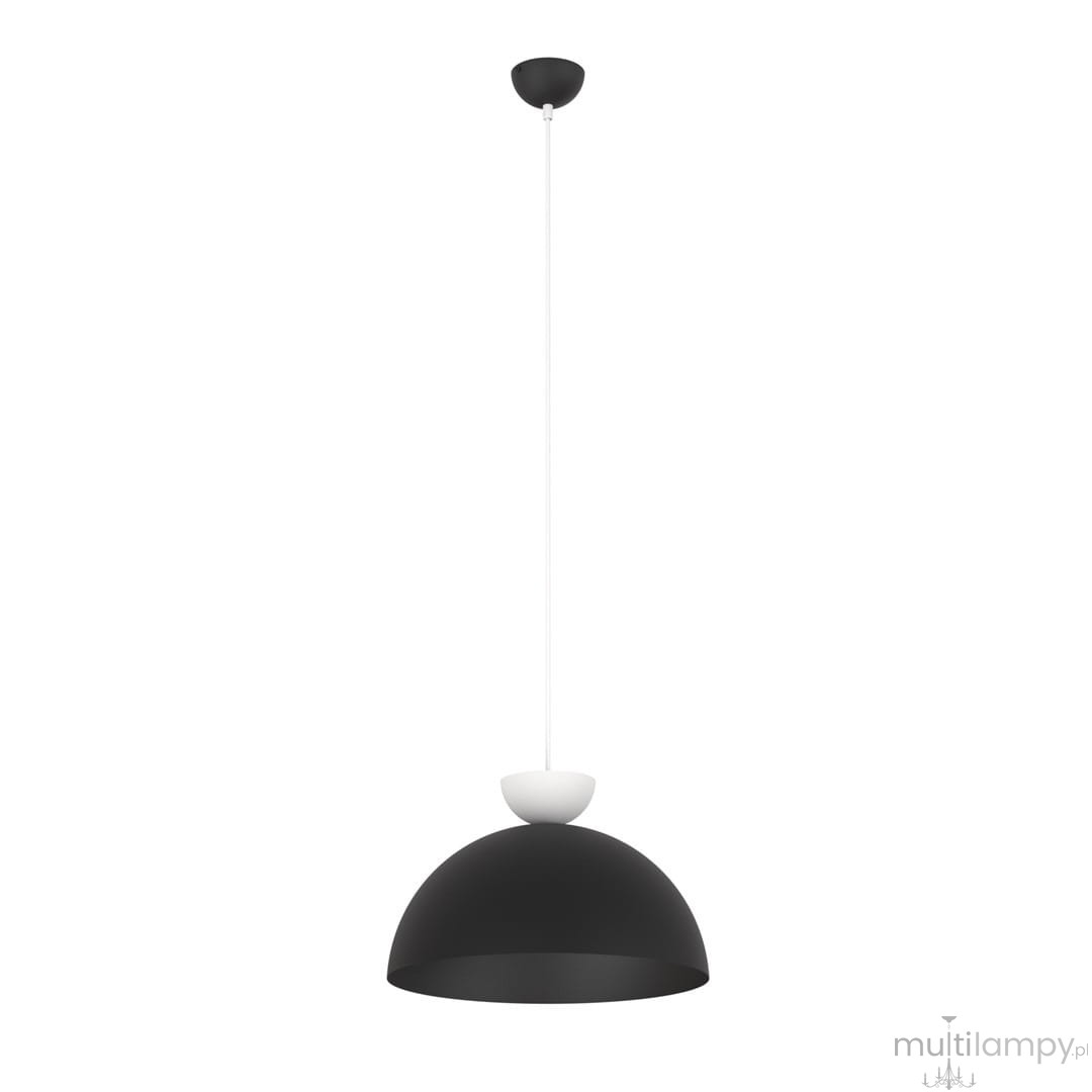 Lampa wisząca Lunaro L o czarnej, zaokrąglonej czaszy i białym elemencie mocującym. Zawieszona na cienkim, białym przewodzie. Prosty, nowoczesny design, idealna do wnętrz.