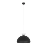 Lampa wisząca Lunaro L o czarnej, zaokrąglonej czaszy i białym elemencie mocującym. Zawieszona na cienkim, białym przewodzie. Prosty, nowoczesny design, idealna do wnętrz.
