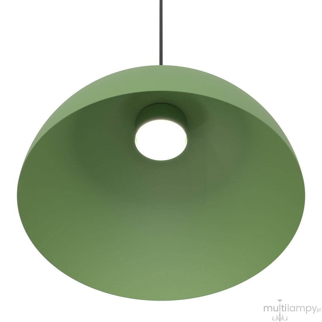 Lampa wisząca Lunaro L w kolorze zielonym z kloszem o kształcie stożkowym. Widoczna oprawa GX53 w centralnej części. Produkt zawieszony na czarnym przewodzie, z bliska ukazujący gładką fakturę powierzchni.