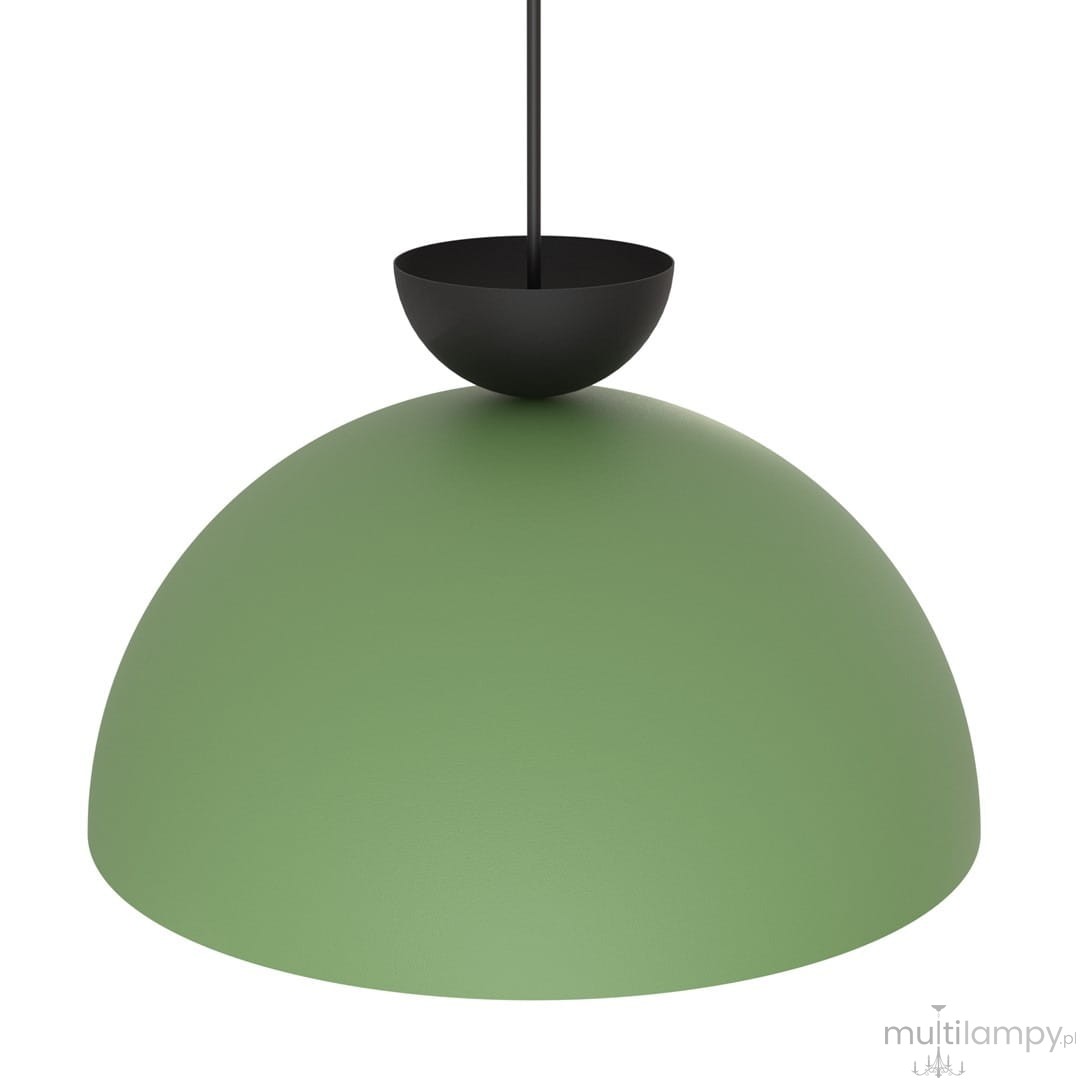 Lampa wisząca Lunaro L z zieloną, matową kopułą w kształcie półkuli i czarnym, okrągłym mocowaniem. Produkt zawiera gniazdo GX53, zawieszony na cienkim kablu, na białym tle.
