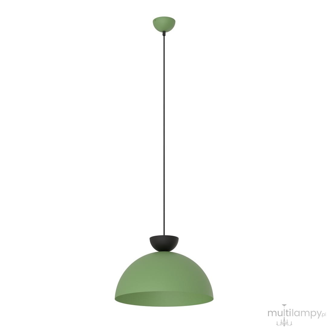 Lampa wisząca Lunaro L z zielonym kloszem w kształcie półkuli, zawieszona na czarnym przewodzie. U góry czarna podsufitka. Prosty, nowoczesny design, idealna do różnych aranżacji wnętrz.