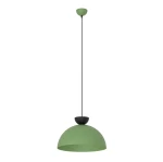 Lampa wisząca Lunaro L z zielonym kloszem w kształcie półkuli, zawieszona na czarnym przewodzie. U góry czarna podsufitka. Prosty, nowoczesny design, idealna do różnych aranżacji wnętrz.