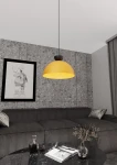 Pomarańczowa lampa wisząca Lunaro L z podstawką w kolorze brązowym, zawieszona na cienkim kablu. Okrągła klosz w kształcie miski, umieszczona nad szarym sofą w nowoczesnym wnętrzu z betonową ścianą i czarnym stołem.