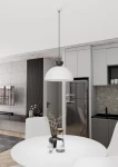 Lampa wisząca Lunaro L 1xGX53 w kolorze białym i czarnym, o kulistym kształcie, zawieszona na czarnym kablu w nowoczesnym wnętrzu kuchennym, z minimalistycznym stołem i szafkami w odcieniach szarości.