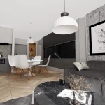 Lampa wisząca Lunaro L w kolorze białym z czarnym detalem, zawieszona w nowoczesnej kuchni. Okrągła, półkulista forma, umieszczona nad stołem jadalnym z białymi krzesłami na drewnianych nogach. Tło w odcieniach szarości z ciemnymi szafkami.