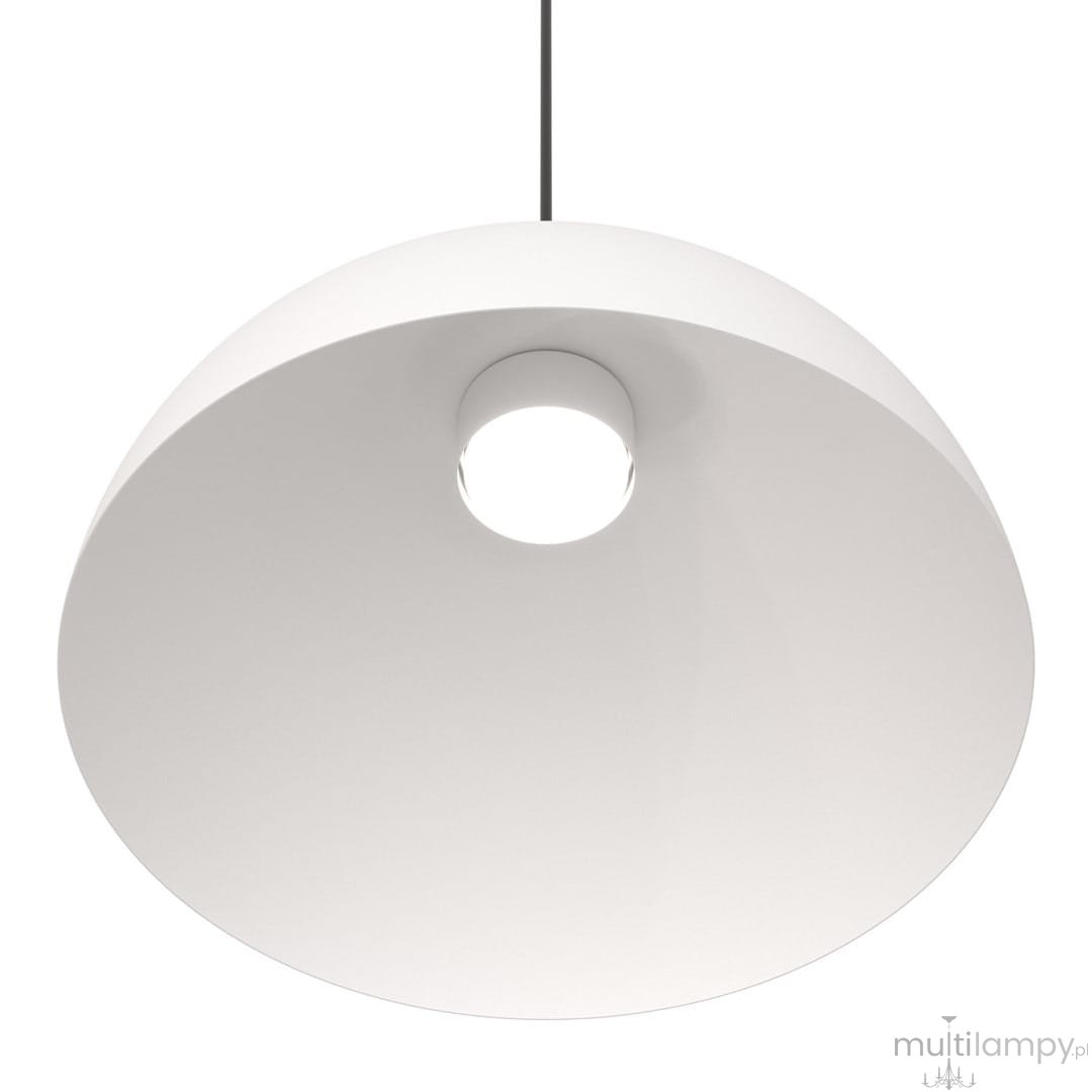 Lampa wisząca Lunaro L w kolorze białym z czarnym przewodem, o okrągłym kloszu z otworem w centralnej części. Klosz ma gładką, matową powierzchnię, a jego kształt jest lekko wypukły. Przeznaczona do użycia z żarówką GX53.