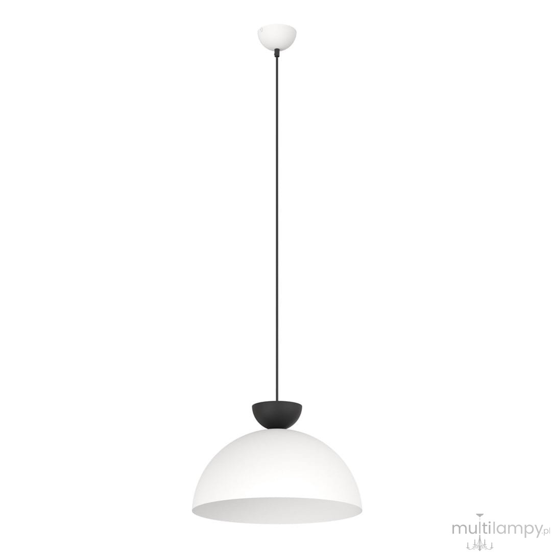 Lampa wisząca Lunaro L w kolorze białym z czarnym detalem, o kształcie półkulistym. Zawieszona na smukłym czarnym przewodzie, z górnym mocowaniem w białym kolorze. Przeznaczona do jednego źródła światła GX53.