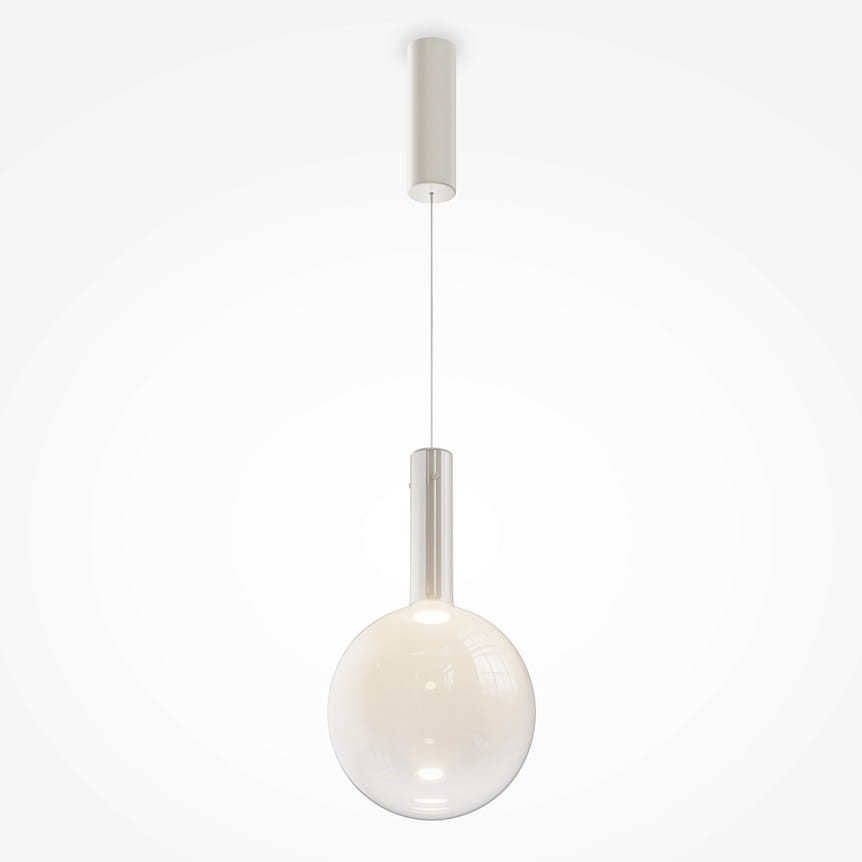 Lampa wisząca Nebula D25 z białym kloszem w kształcie kuli, zawieszona na cienkim przewodzie. Górna część wykonana z metalowego elementu w kolorze białym. Źródło światła LED 1x6W. Tło proste, białe.