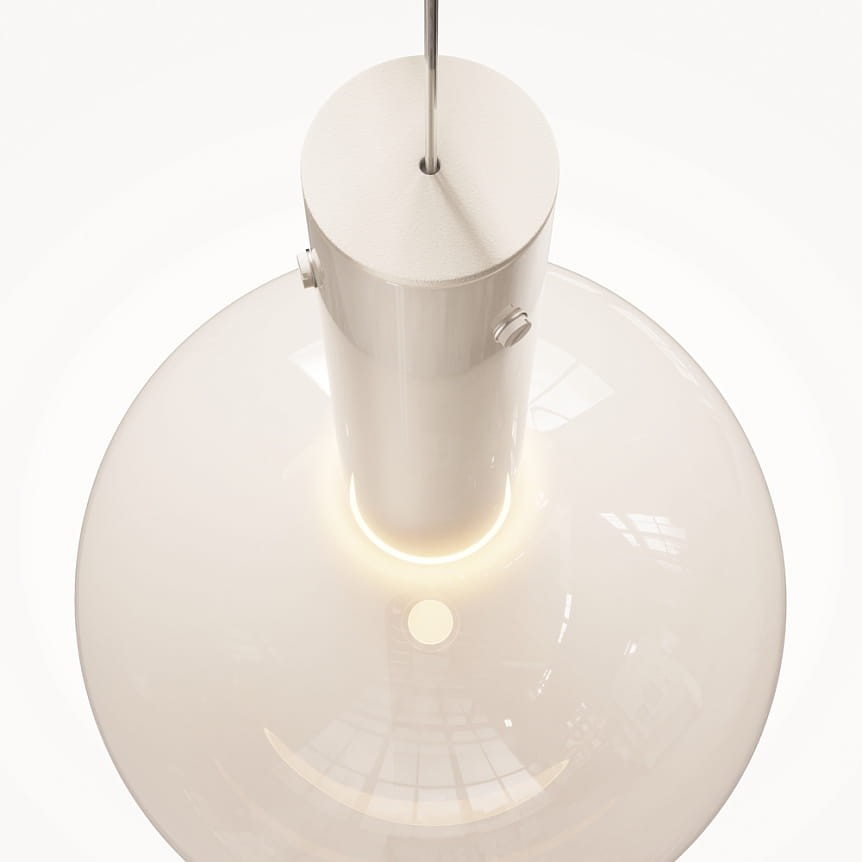 Lampa wisząca Nebula D25 w kolorze białym, z okrągłym kloszem i metalowym mocowaniem. Widok z góry, z widocznym pierścieniem LED wokół podstawy, włącznikiem oraz gładką, błyszczącą powierzchnią. Idealna do nowoczesnych wnętrz.