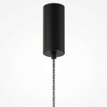 Lampa wisząca LED Ordo H38 o mocy 8W w kolorze czarnym, z dymionym kloszem. Ujęcie z dołu, pokazujące cylindryczny kształt i teksturowane przewody. Prosta konstrukcja, zawieszona na cienkim, plecionym kablu.