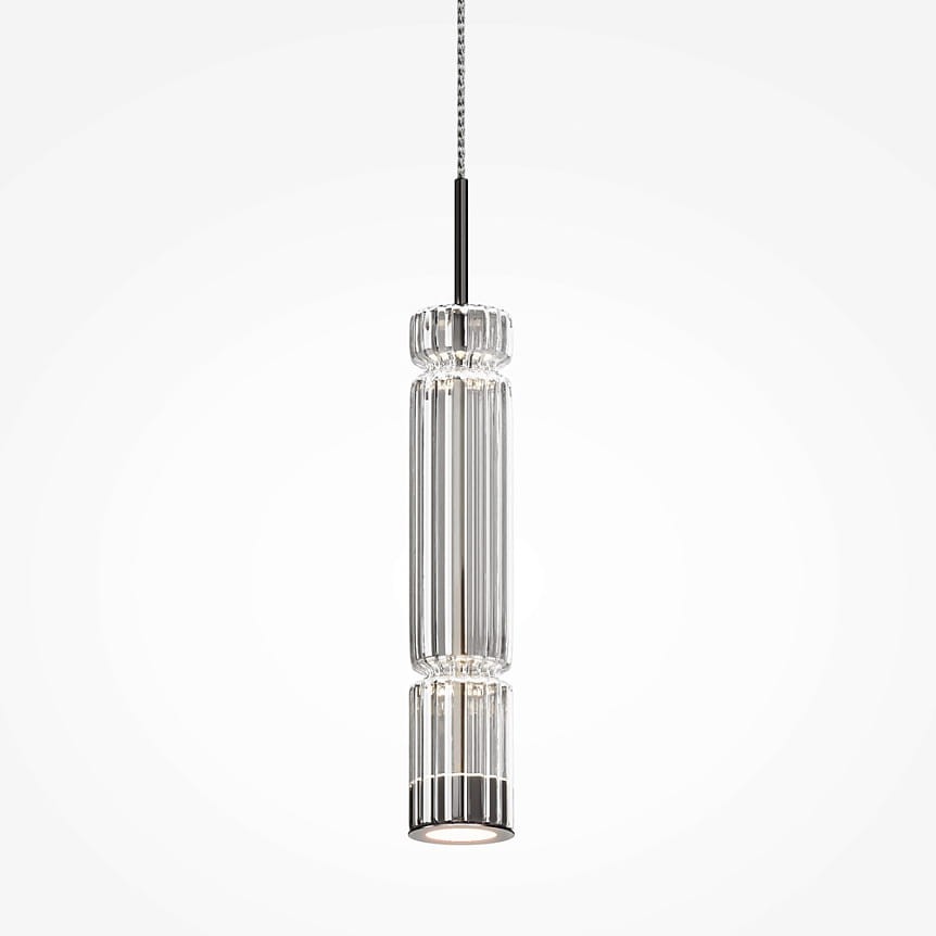 Lampa wisząca Ordo H38 LED o mocy 8W w chromowanej obudowie. Posiada cylindryczny klosz z transparentnego szkła o teksturowanej powierzchni, zawieszona na cienkim przewodzie. Idealna do nowoczesnych wnętrz.