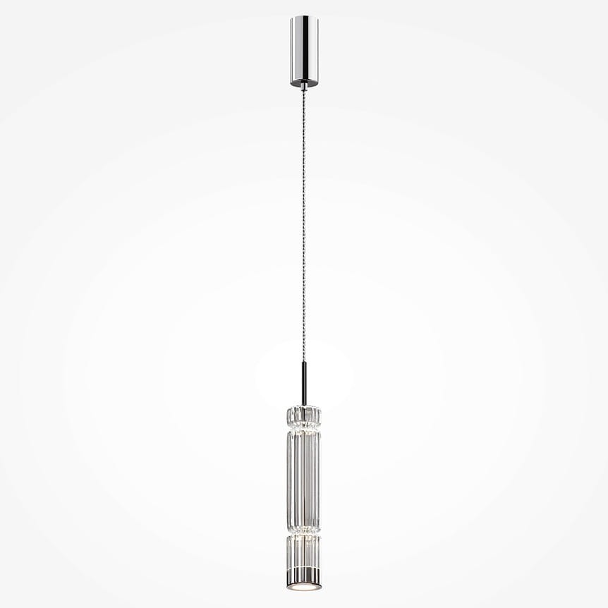 Lampa wisząca LED Ordo H38 o mocy 8W w chromowanej obudowie. Ma cylindryczny kształt, wykonana z przezroczystego szkła z żłobieniami. Zawieszona na cienkim łańcuszku, montowana sufitowo. Tło białe, co podkreśla elegancję produktu.
