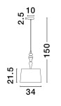 Lampa wisząca Alem D34 w kolorze antycznego mosiądzu z beżowym kloszem. Wymiary: 34 cm szerokości, 21,5 cm wysokości. Zawieszona na cienkim przewodzie, o długości 150 cm, z dekoracyjnym elementem w górnej części. Przeznaczona do żarówki E27.