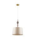 Lampa wisząca Alem D34 w kolorze antycznego mosiądzu i beżowym kloszu, z dekoracyjnymi elementami w odcieniach szarości. Zawieszona na białym kabelku, ma cylindryczny kształt klosza i elegancką, prostą formę.