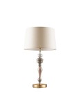 Lampa stołowa Alem z antycznym mosiądzu i beżowym abażurem. Ozdobna podstawa z różnorodnymi kulistymi elementami w odcieniach beżu i szarości. Stoi na okrągłej podstawie, idealna do aranżacji wnętrz.