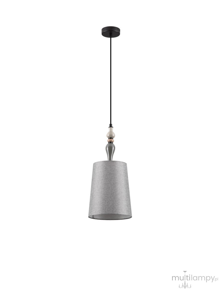Lampa wisząca Alem D22 z kloszem w kolorze szarym i czarnym, zawieszona na cienkim przewodzie. Klosz ma cylindryczny kształt, a u góry znajduje się metalowa mocowanie. Wnętrze klosza jest gładkie, a lampa przeznaczona na żarówkę E27.