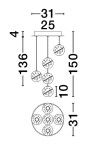 Lampa wisząca Cuyo z pięcioma źródłami LED, o mocy 16W, w złotej kolorystyce. Posiada okrągły, ładnie zdobiony klosz oraz regulowane linki. Wymiary: wysokość 150 cm, szerokość 31 cm, głębokość 25 cm. Idealna do nowoczesnych wnętrz.