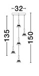 Lampa wisząca Guay z pięcioma źródłami LED o mocy 30W w kolorze czarnym i złotym. Posiada nowoczesny kształt z geometrycznymi kloszami na długich zwisach. Wymiary: szerokość 32 cm, wysokość 135 cm, długość zwisów 150 cm.
