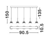 Lampa wisząca Guay z pięcioma źródłami LED, moc 30W, w kolorze czarnym i złotym. Ułożona poziomo z pięcioma zwisającymi kloszami w kształcie stożka. Wymiary: 90,5 cm długości, 10,5 cm szerokości, zwisy na wysokości 135 cm oraz 150 cm.