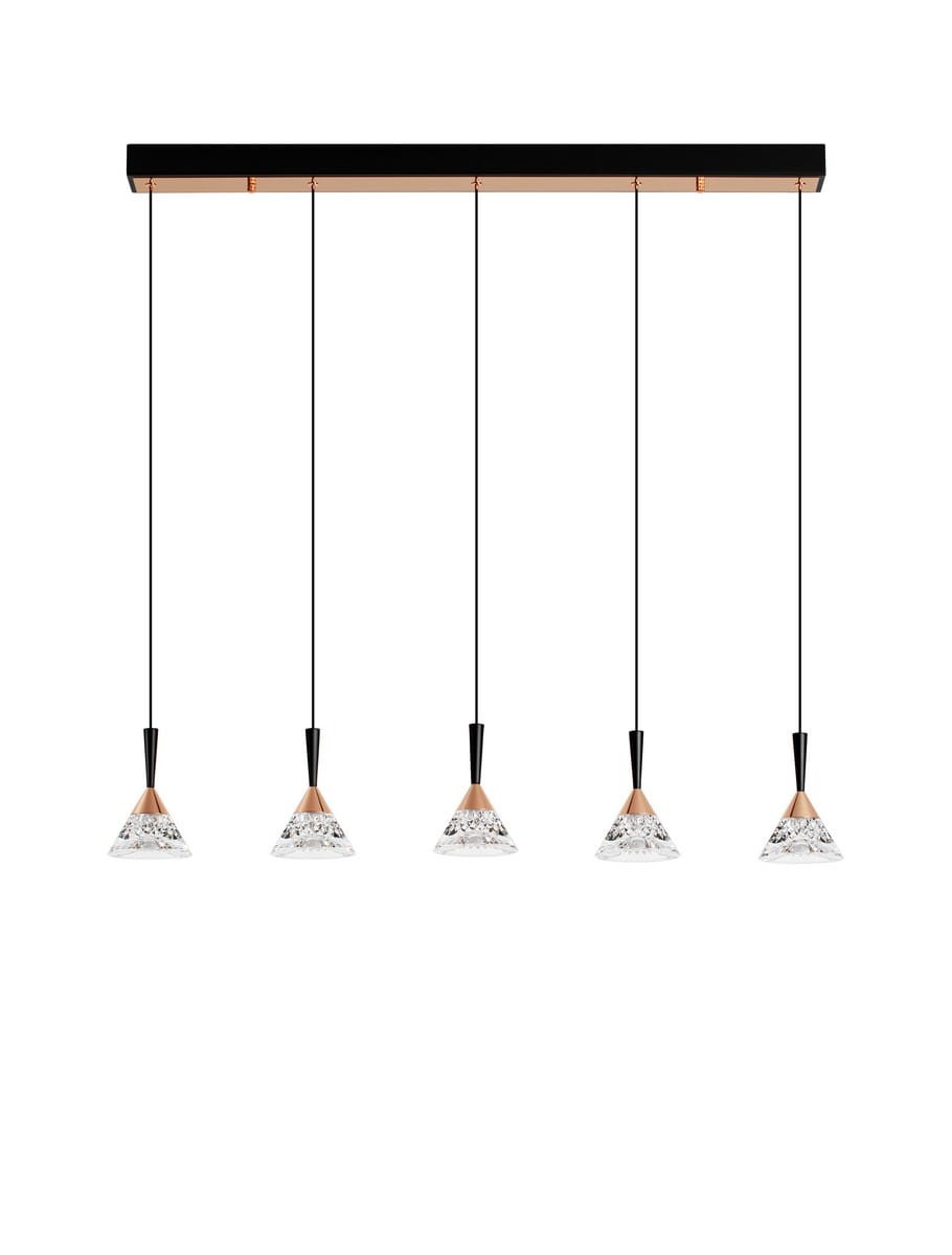 Lampa wisząca Guay z pięcioma kloszami LED, czarna z elementami w kolorze złotym. Klosze w kształcie stożków, wykonane z przezroczystego materiału. Zamontowana na prostokątnej, czarnej podstawie, zawieszona na cienkich linkach.