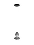 Czarna lampa wisząca Luis z jednym źródłem LED 12W, zawieszona na cienkim przewodzie. Posiada dwie szklane, zaokrąglone klosze o różnej średnicy, tworzące nowoczesny wygląd. Montaż sufitowy z okrągłą podsufitką.