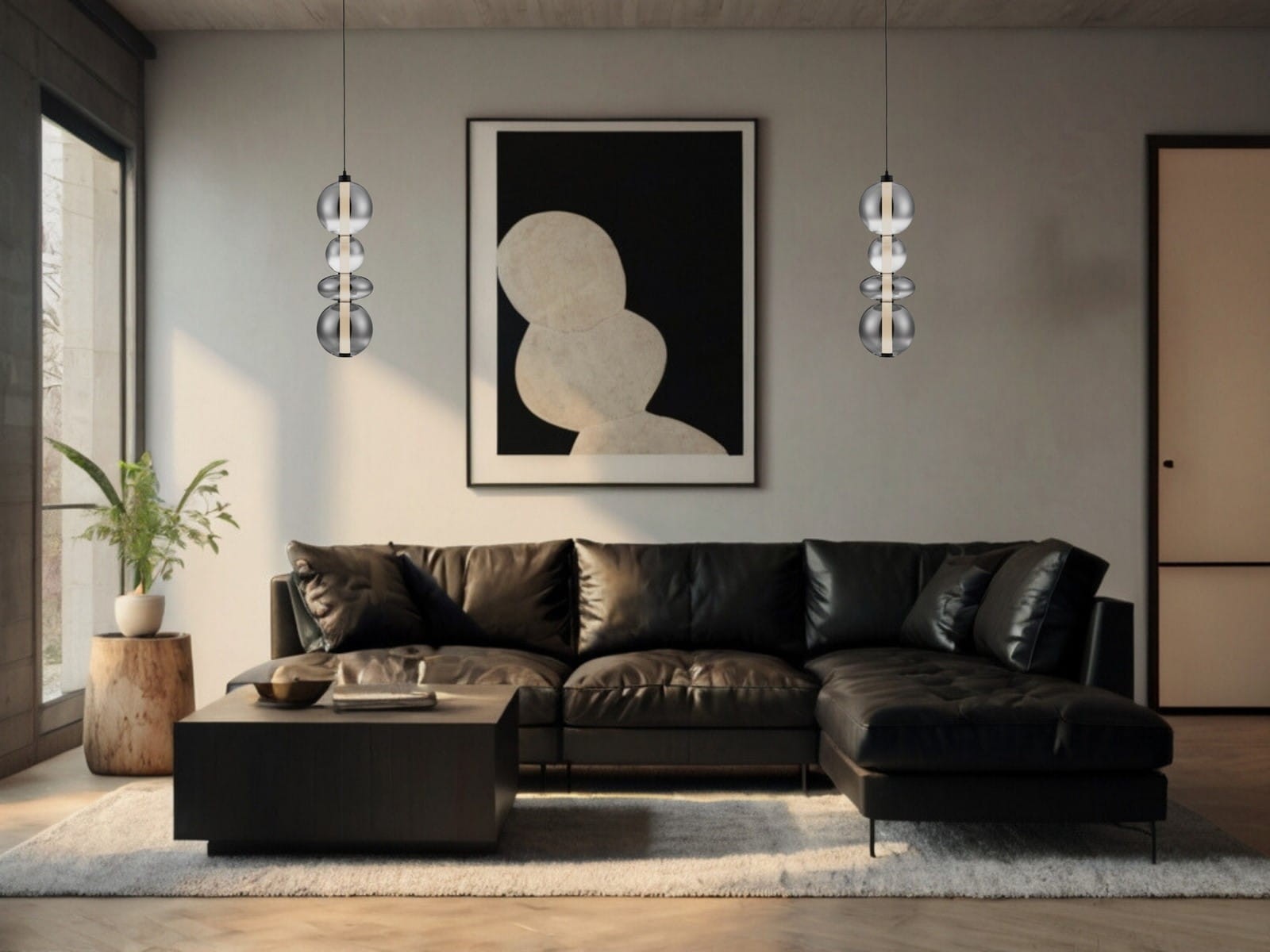 Lampa wisząca Luis 1xLED/36W w kolorze czarnym, zbudowana z okrągłych, szklanych kloszy, zawieszona na cienkim kablu. Umieszczona w nowoczesnym wnętrzu z ciemną sofą i minimalistycznymi dekoracjami. Tło neutralne, z dużym oknem i rośliną.