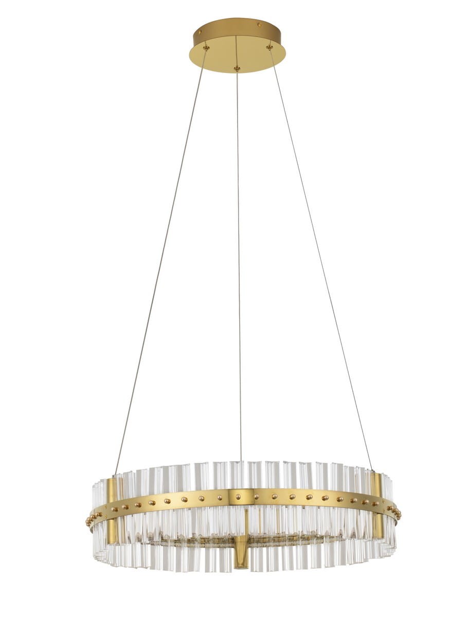 Lampa wisząca Mayo D60 z jedną diodą LED 45W, złota, okrągła konstrukcja z przezroczystymi elementami, zawieszona na cienkich linkach. W górnej części złoty sufitowy uchwyt, na dole dekoracyjne szklane pręty.