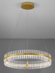 Lampa wisząca Mayo D78, okrągła, złota z akrylowymi elementami, z zawieszeniem na dwóch przezroczystych linkach. Wyposażona w jedną żarówkę LED o mocy 56W, umieszczoną w centralnej części lampy, na tle szarej ściany.