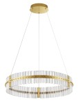 Lampa wisząca Mayo D78 z jedną żarówką LED 56W, w kolorze złotym. Okrągła konstrukcja z przezroczystymi, teksturowanymi elementami. Zawieszona na cienkich linkach, z okrągłym, metalowym plafonem.